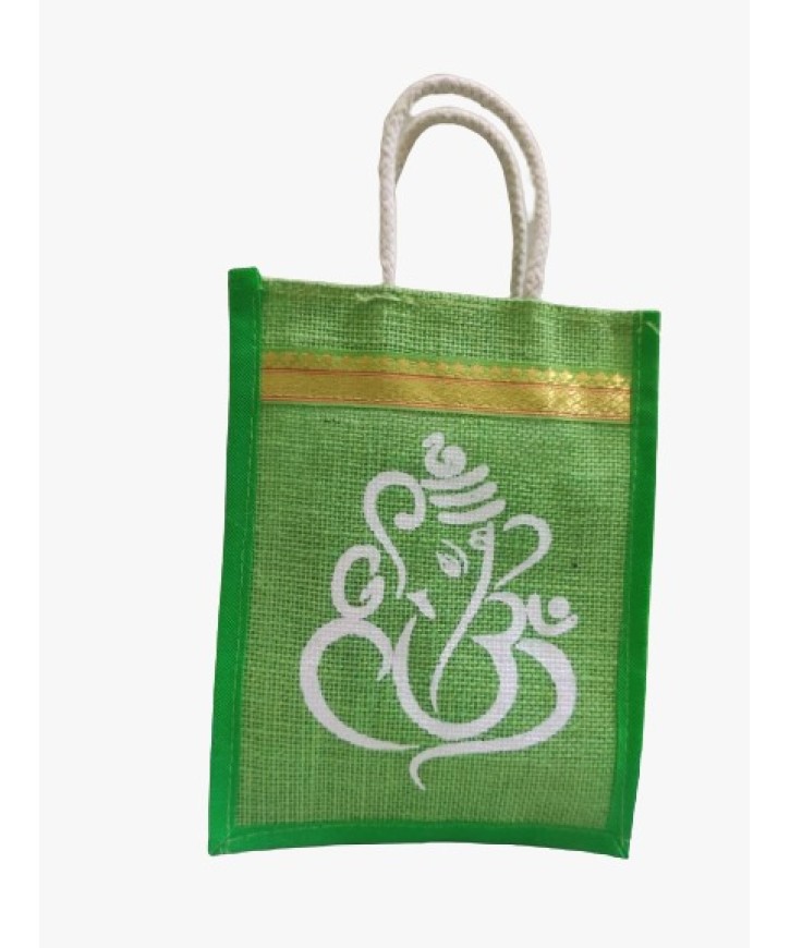 Small Jute Green Pooja Bag Ganesha Ji Print